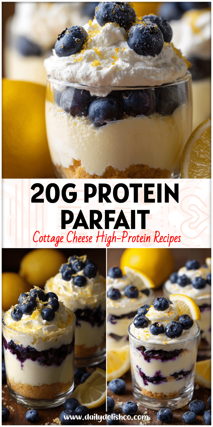 Glass cups layered with whipped cottage cheese lemon blueberry cheesecake parfait topped with fresh blueberries.